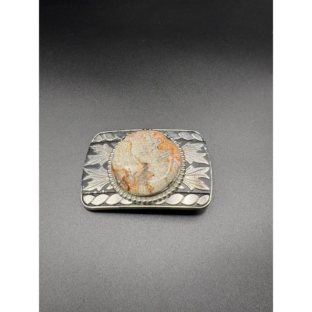Vintage Western Silver Tone Belt Buckle Crazy Lace Agate Stone Cowboy Rodeo USA
